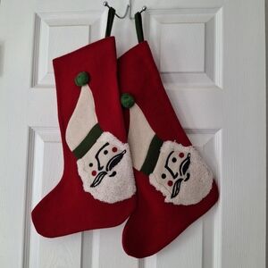 2 Crate & Barrel Santa Red Wool Christmas Stockings Applique Pom Pom Holiday EUC